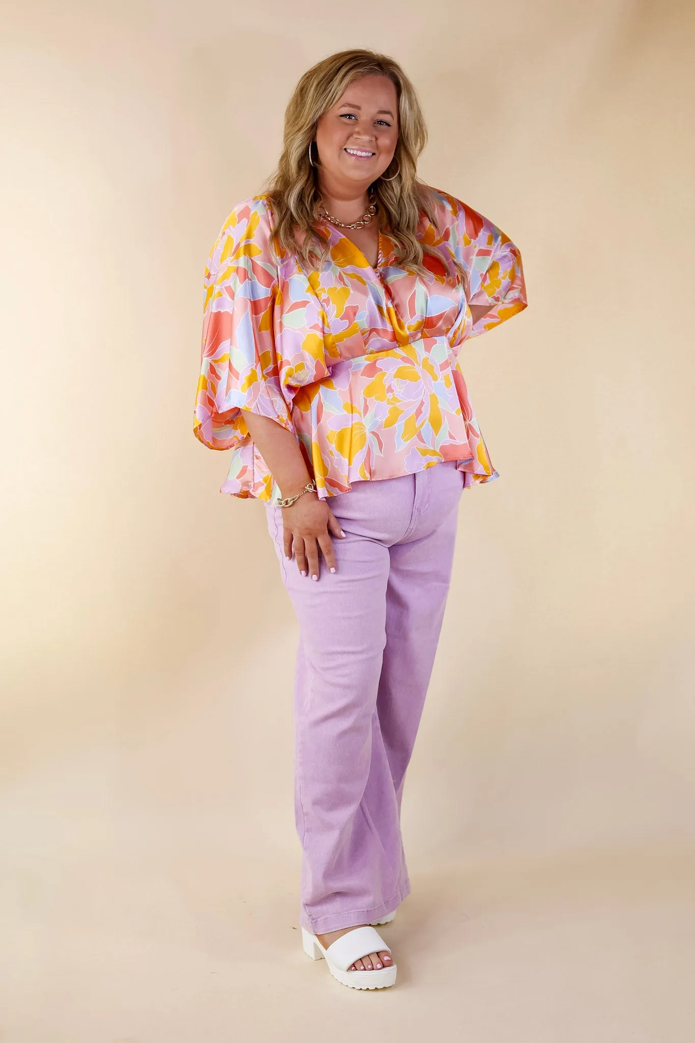 Hear the Music Drop Sleeve Satin Mosaic Print V Neck Peplum Top in Coral Pink Mix