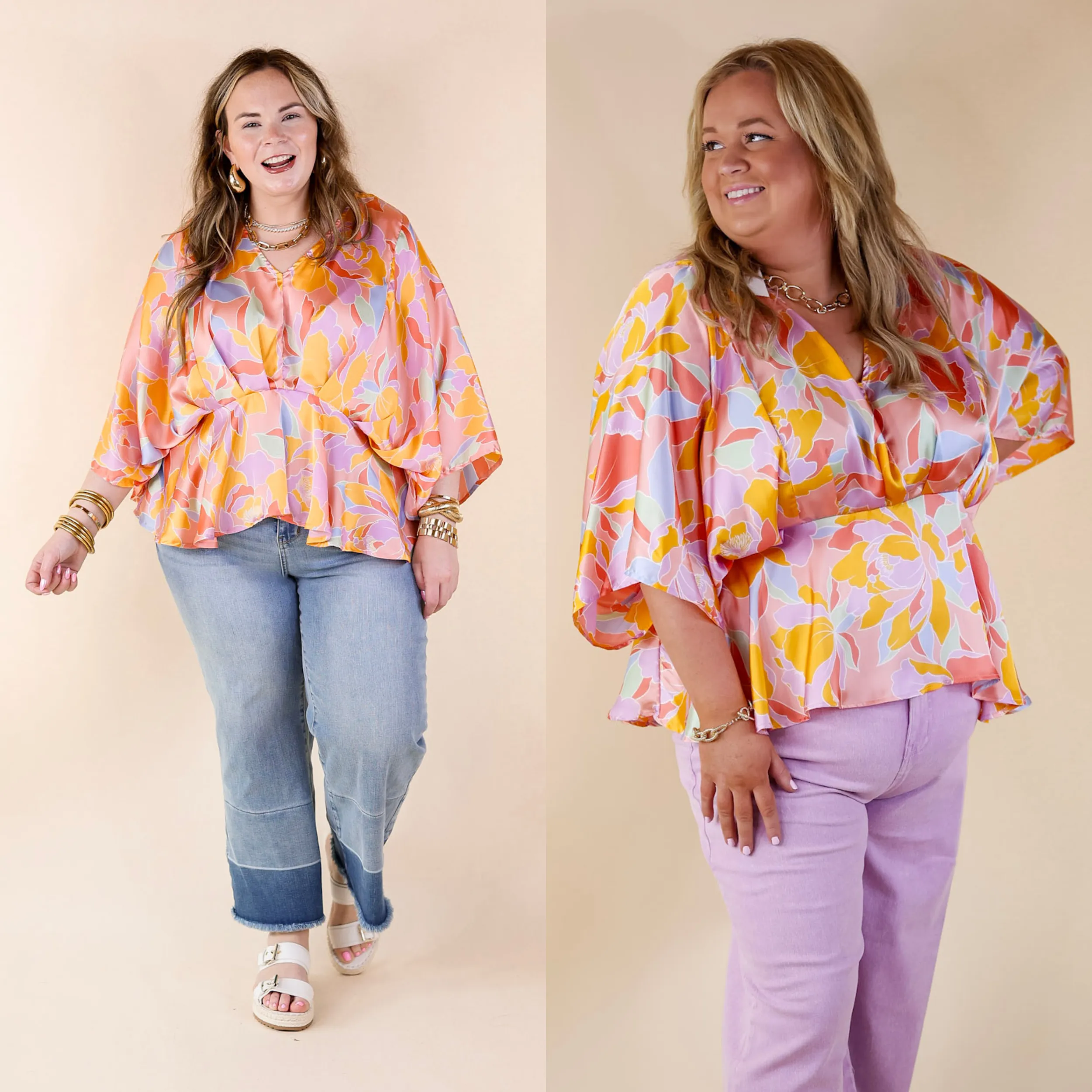 Hear the Music Drop Sleeve Satin Mosaic Print V Neck Peplum Top in Coral Pink Mix