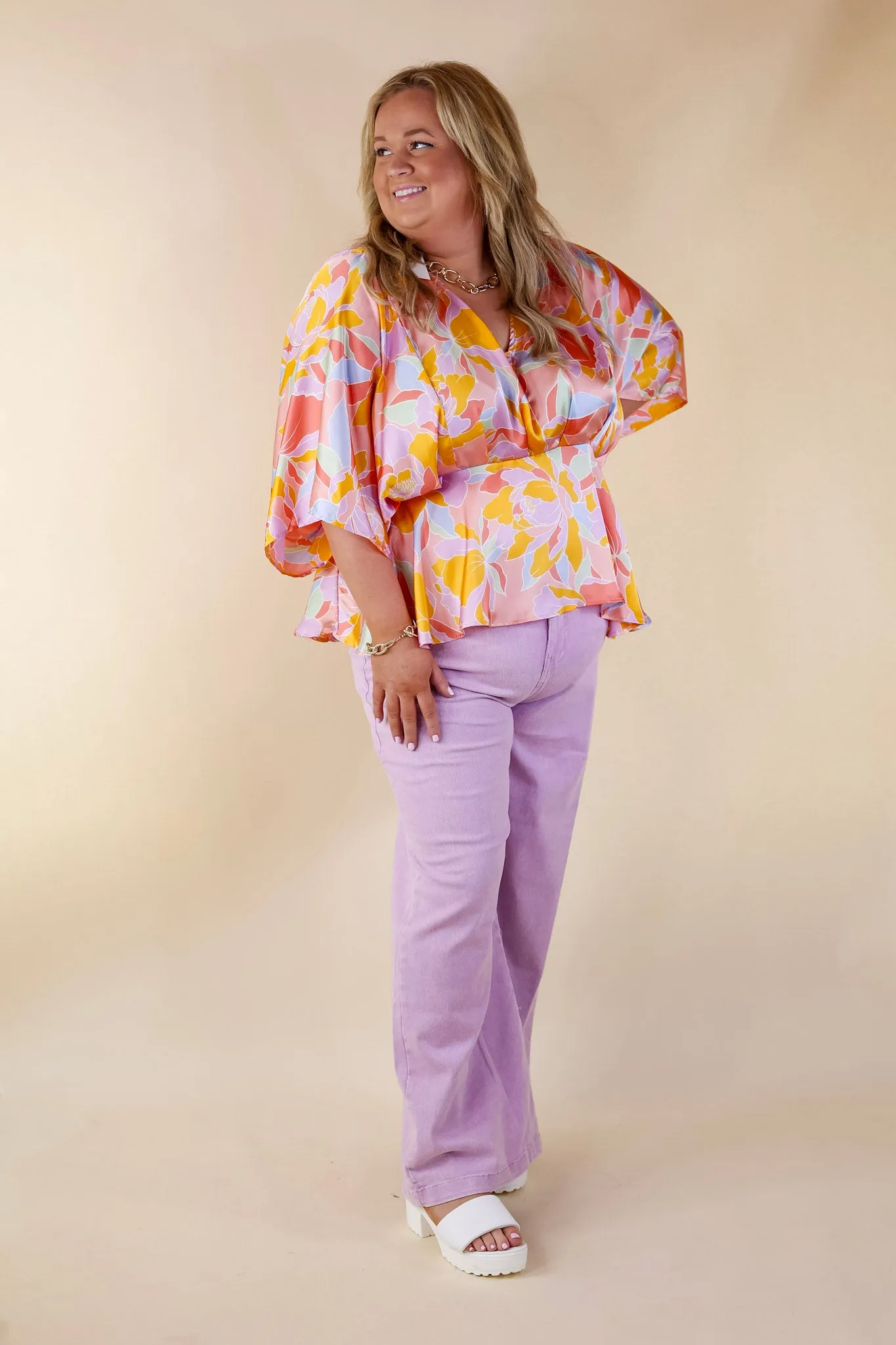 Hear the Music Drop Sleeve Satin Mosaic Print V Neck Peplum Top in Coral Pink Mix