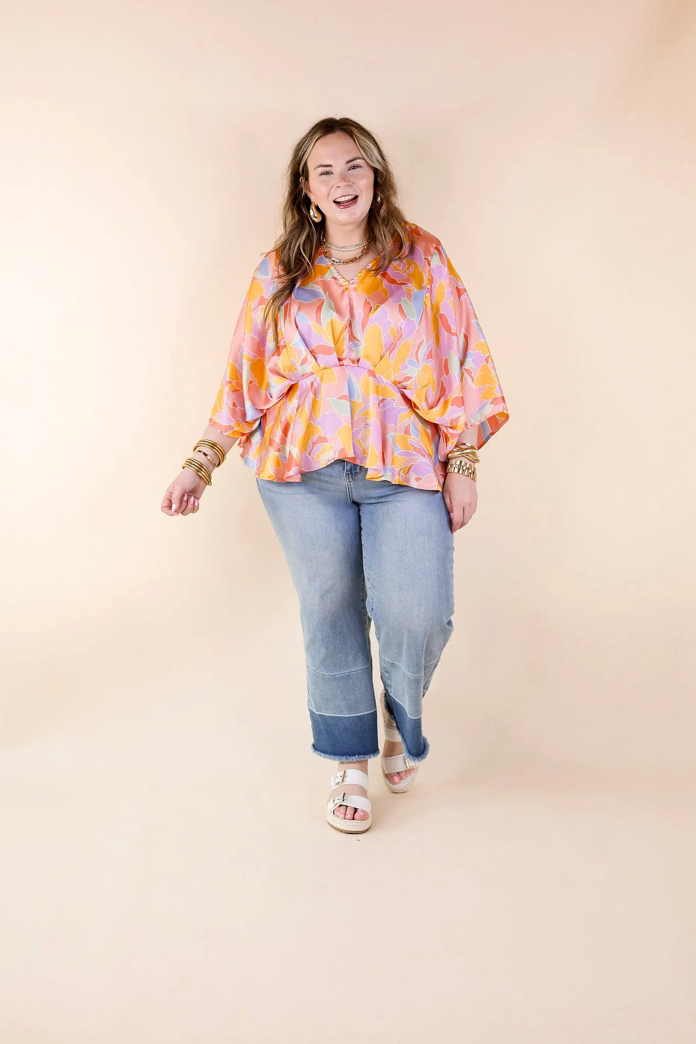 Hear the Music Drop Sleeve Satin Mosaic Print V Neck Peplum Top in Coral Pink Mix