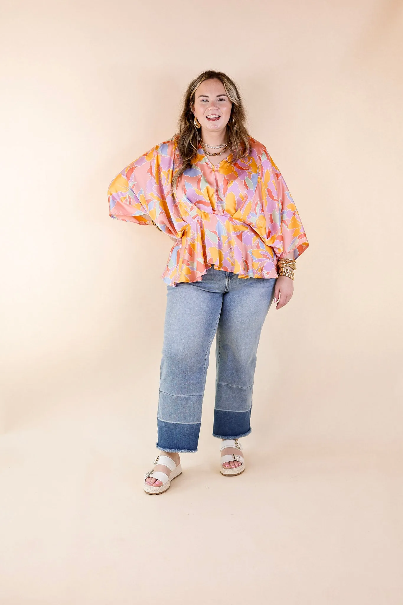 Hear the Music Drop Sleeve Satin Mosaic Print V Neck Peplum Top in Coral Pink Mix