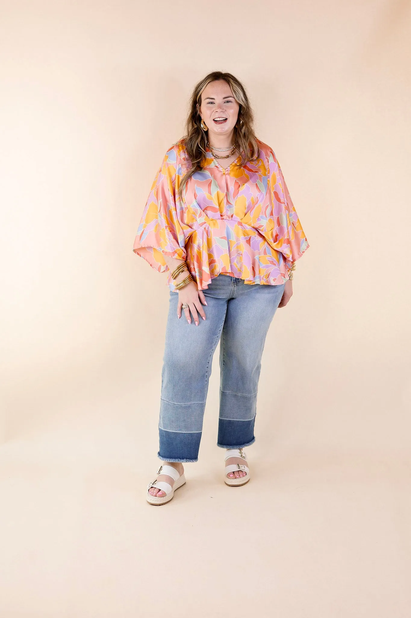 Hear the Music Drop Sleeve Satin Mosaic Print V Neck Peplum Top in Coral Pink Mix