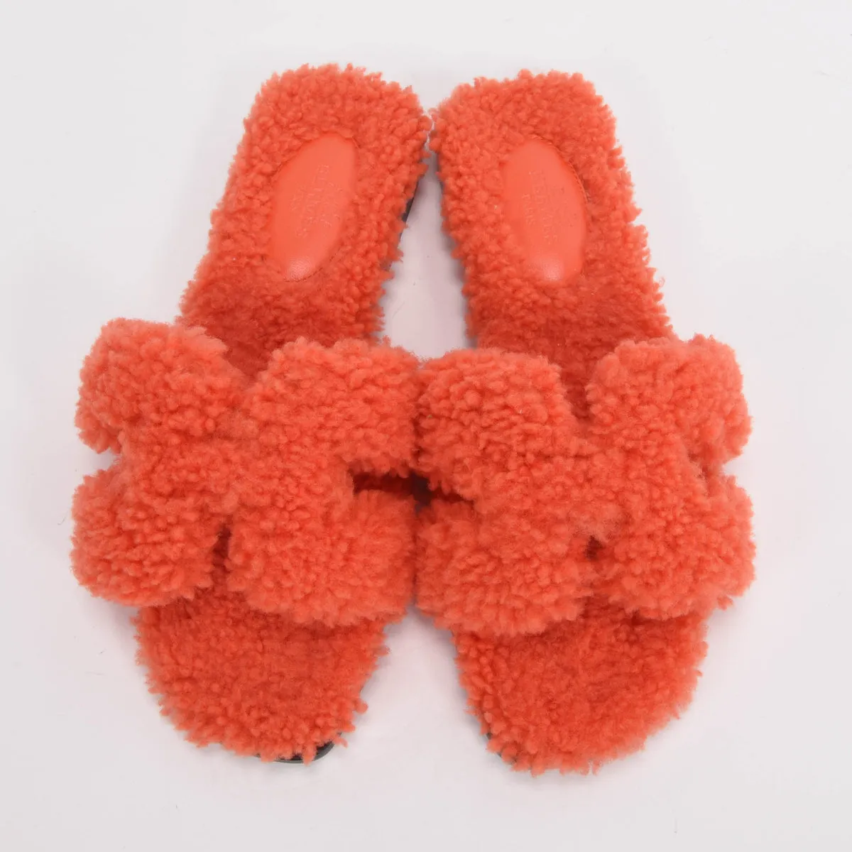 Hermes Orange Shearling Oran Sandals 36