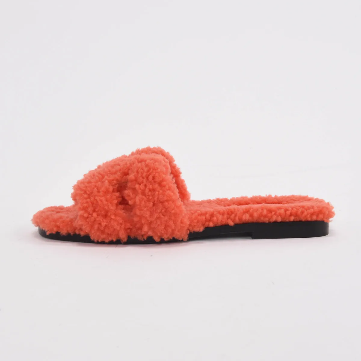 Hermes Orange Shearling Oran Sandals 36