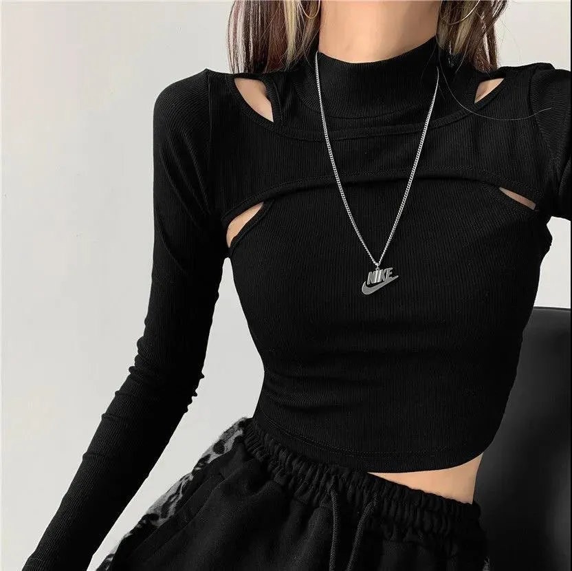 Hollow Knitted Crop Tops Women New Fitness Fake Two-piece T-shirt Female Black White Long Sleeve streetwear style Tops