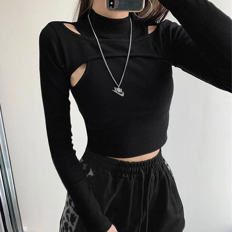 Hollow Knitted Crop Tops Women New Fitness Fake Two-piece T-shirt Female Black White Long Sleeve streetwear style Tops