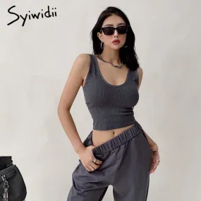 Joskaa Knitted Crop Tops for Women Green Black White Clothing Screw Thread Tank Top Sexy T Shirts Sexy Streetwear Bras Summer