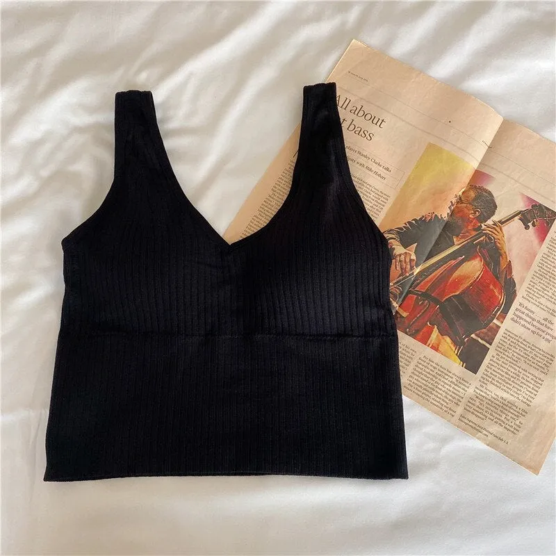 Joskaa Knitted Crop Tops for Women Green Black White Clothing Screw Thread Tank Top Sexy T Shirts Sexy Streetwear Bras Summer