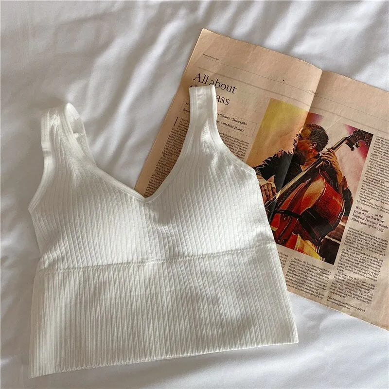 Joskaa Knitted Crop Tops for Women Green Black White Clothing Screw Thread Tank Top Sexy T Shirts Sexy Streetwear Bras Summer