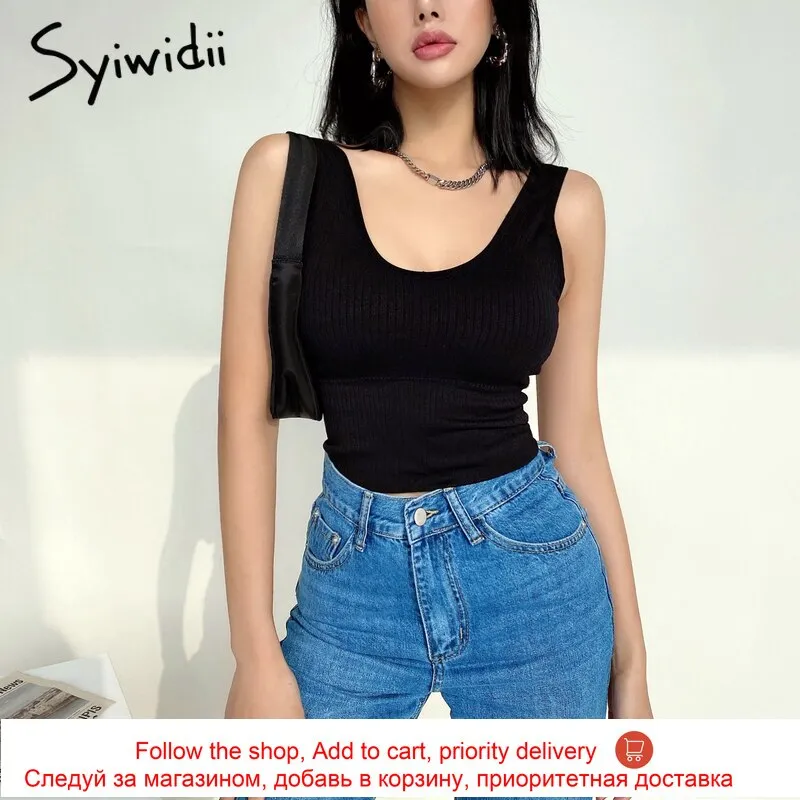 Joskaa Knitted Crop Tops for Women Green Black White Clothing Screw Thread Tank Top Sexy T Shirts Sexy Streetwear Bras Summer