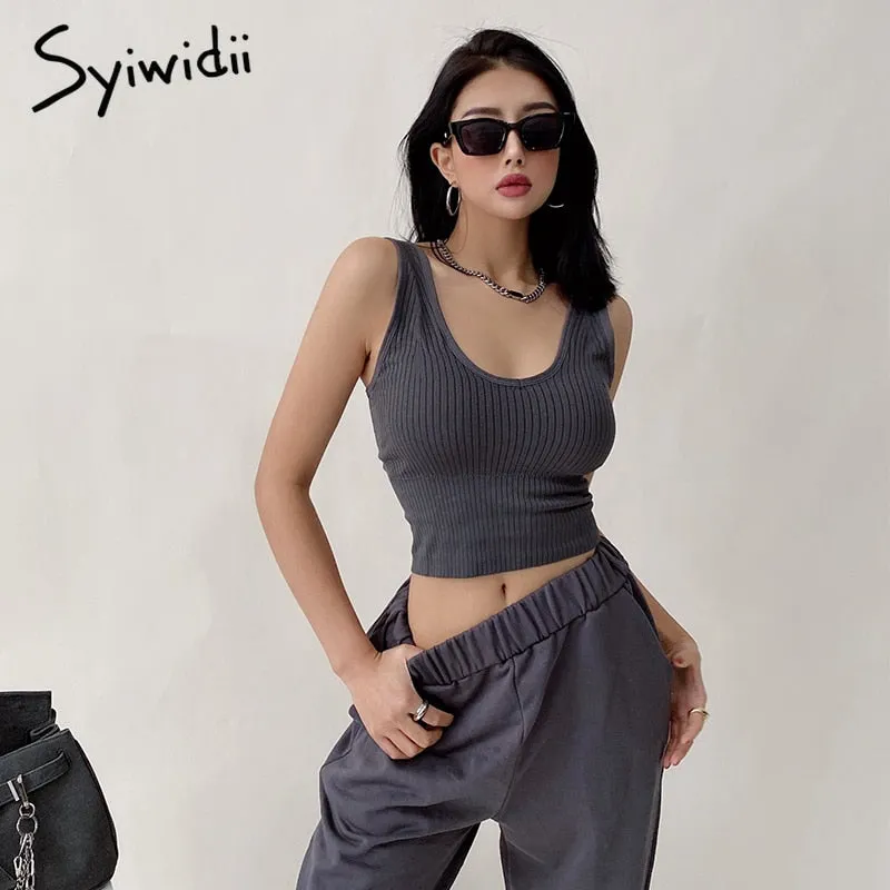 Joskaa Knitted Crop Tops for Women Green Black White Clothing Screw Thread Tank Top Sexy T Shirts Sexy Streetwear Bras Summer