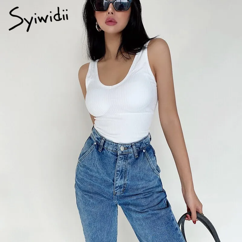 Joskaa Knitted Crop Tops for Women Green Black White Clothing Screw Thread Tank Top Sexy T Shirts Sexy Streetwear Bras Summer