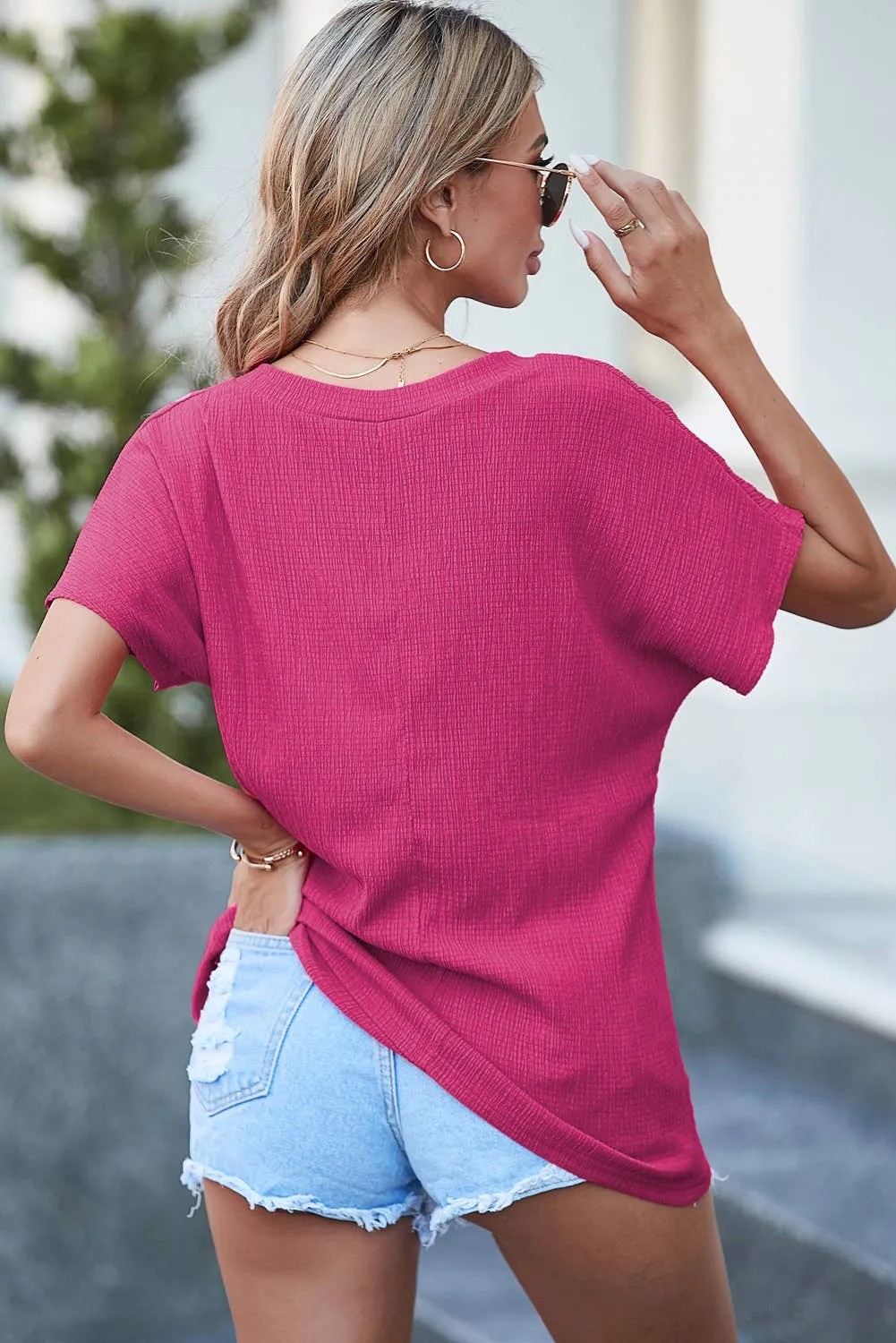 Kathy - Crinkled V Neck Top - Pink