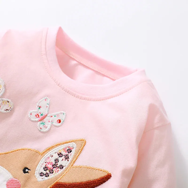 Kids Girls Cartoon Deers Embroidery Cotton Top