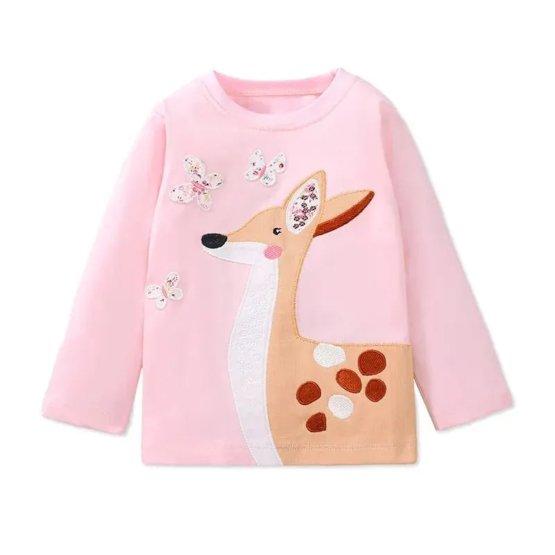 Kids Girls Cartoon Deers Embroidery Cotton Top