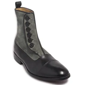 Men Two Tone Black Gray Grey Buttons Suede Genuine Leather Boots