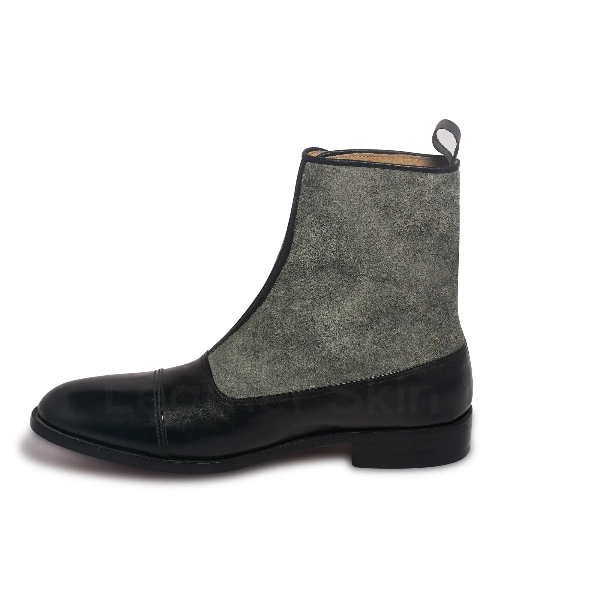 Men Two Tone Black Gray Grey Buttons Suede Genuine Leather Boots