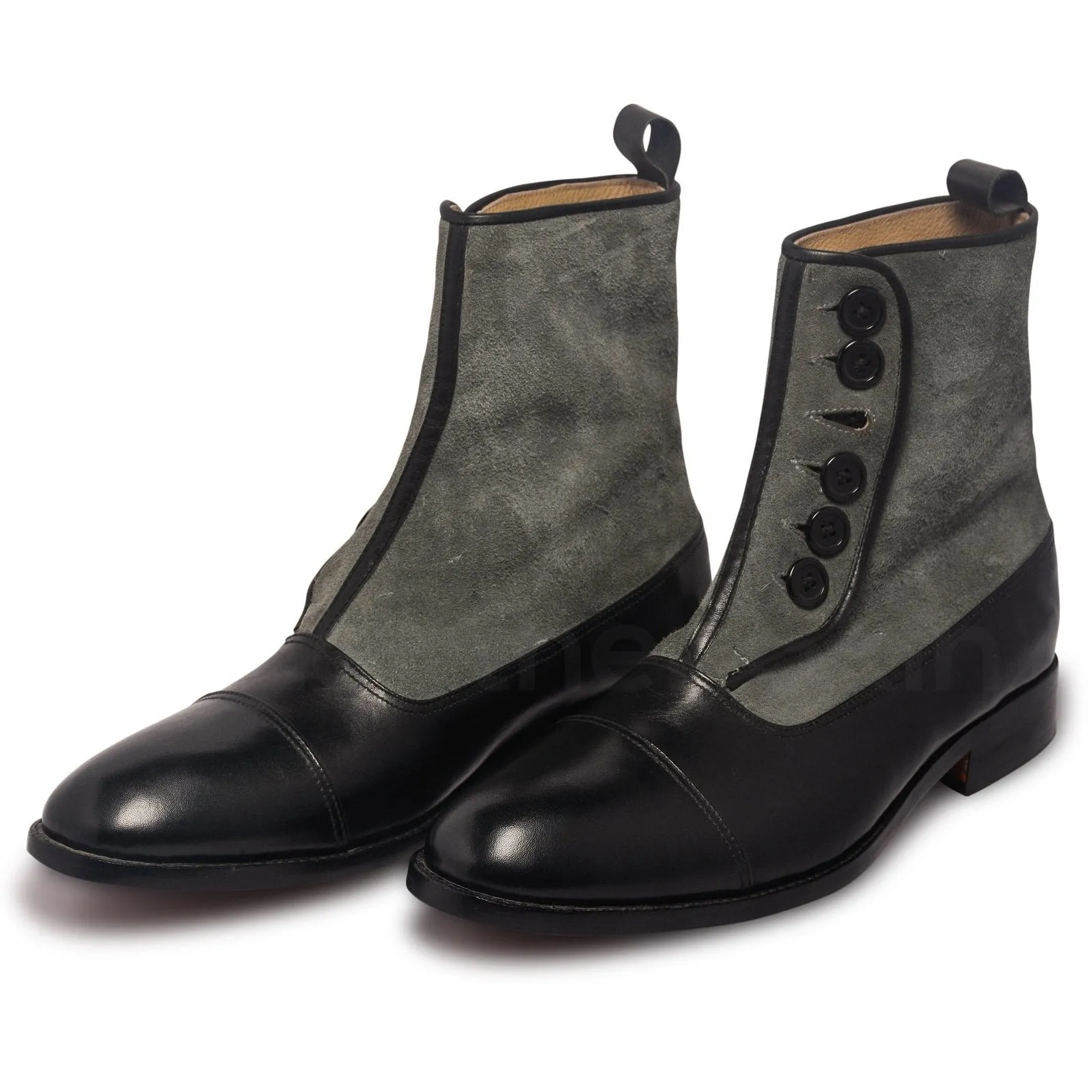 Men Two Tone Black Gray Grey Buttons Suede Genuine Leather Boots