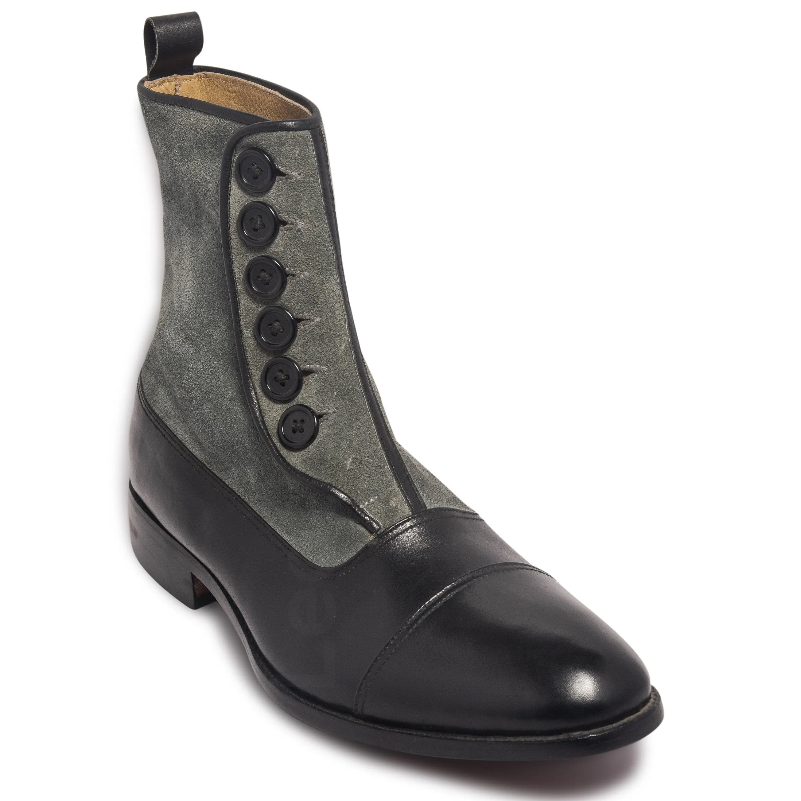 Men Two Tone Black Gray Grey Buttons Suede Genuine Leather Boots