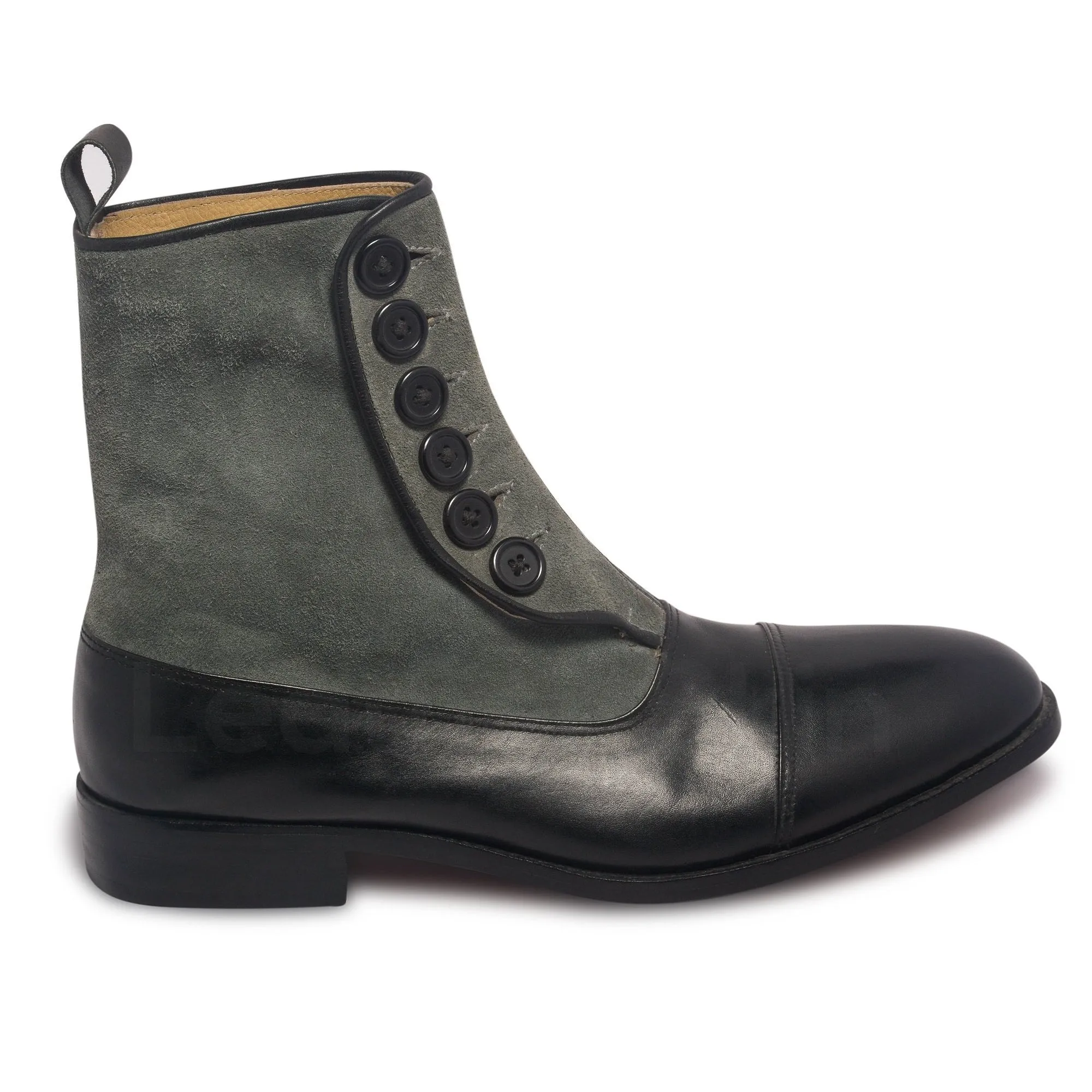 Men Two Tone Black Gray Grey Buttons Suede Genuine Leather Boots