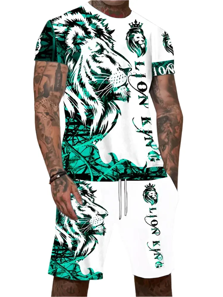 Men’s 2-Piece Lion King 3D Print T-Shirt & Shorts Set – Summer Animal Pattern Casual Outfit