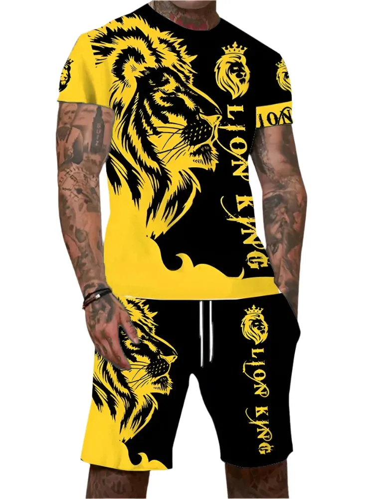 Men’s 2-Piece Lion King 3D Print T-Shirt & Shorts Set – Summer Animal Pattern Casual Outfit