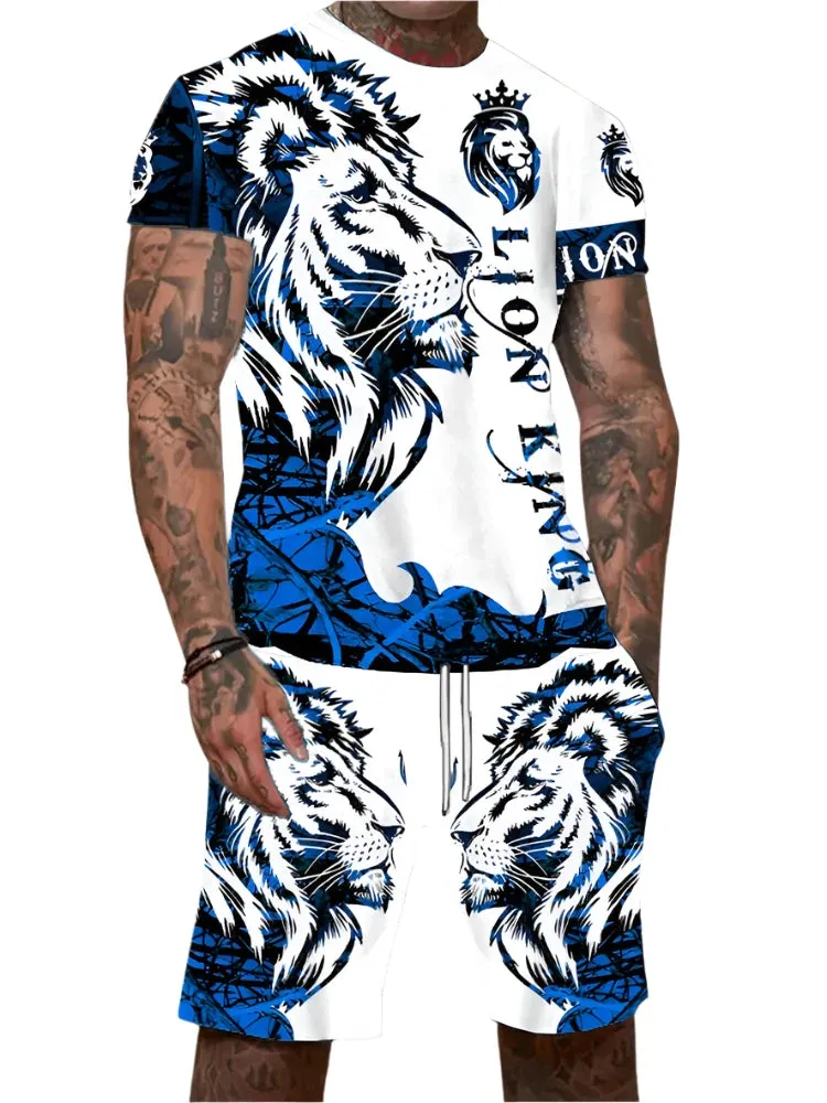 Men’s 2-Piece Lion King 3D Print T-Shirt & Shorts Set – Summer Animal Pattern Casual Outfit