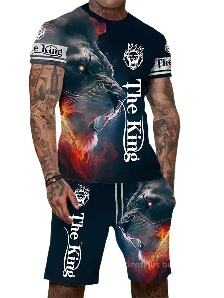 Men’s 2-Piece Lion King 3D Print T-Shirt & Shorts Set – Summer Animal Pattern Casual Outfit