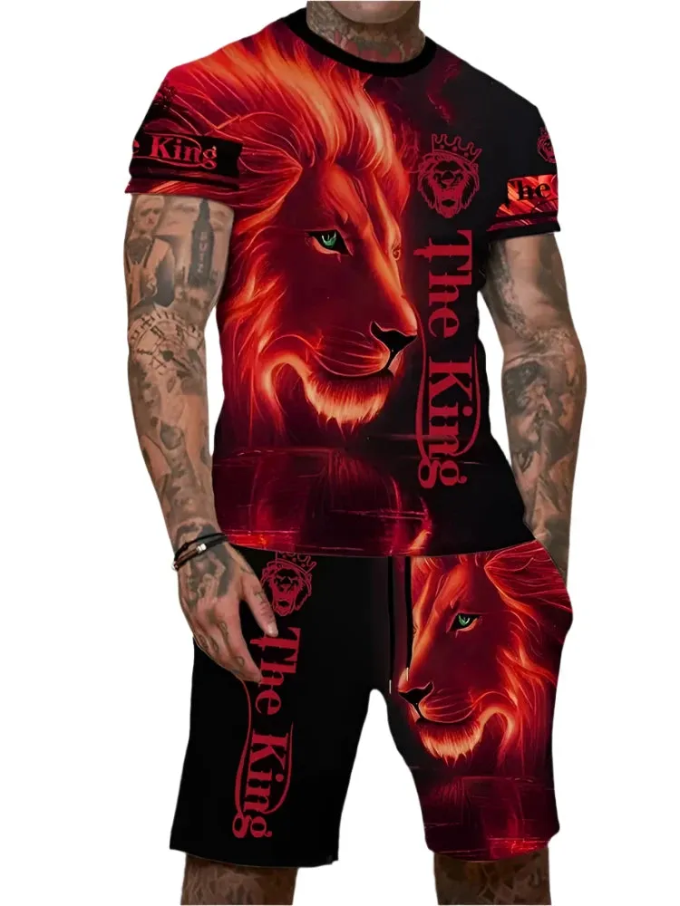 Men’s 2-Piece Lion King 3D Print T-Shirt & Shorts Set – Summer Animal Pattern Casual Outfit