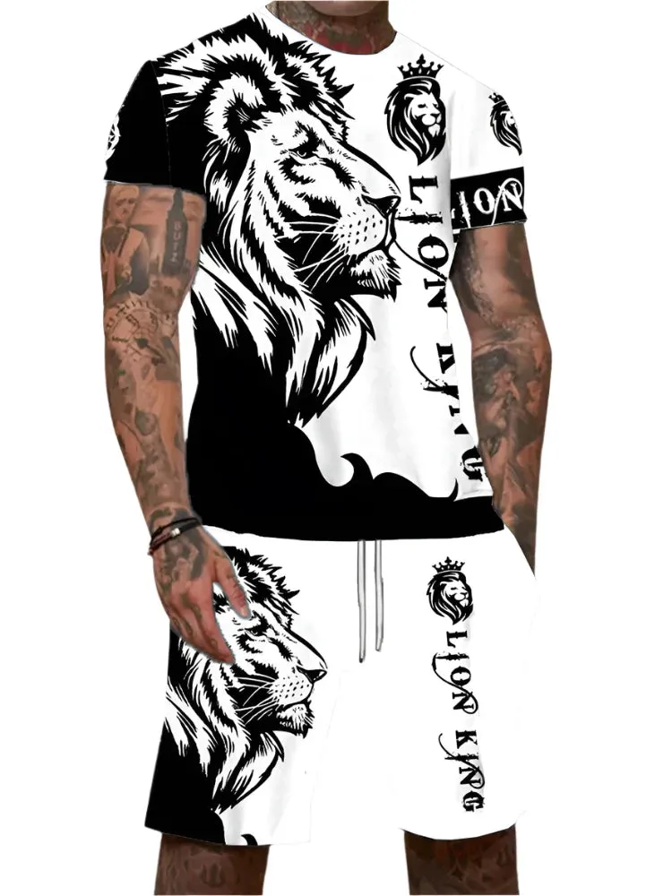Men’s 2-Piece Lion King 3D Print T-Shirt & Shorts Set – Summer Animal Pattern Casual Outfit