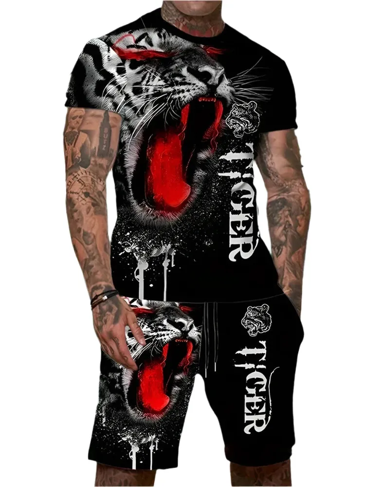 Men’s 2-Piece Lion King 3D Print T-Shirt & Shorts Set – Summer Animal Pattern Casual Outfit