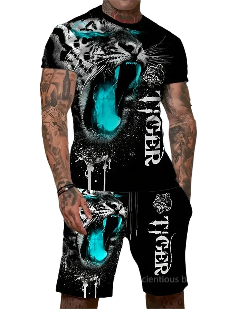 Men’s 2-Piece Lion King 3D Print T-Shirt & Shorts Set – Summer Animal Pattern Casual Outfit