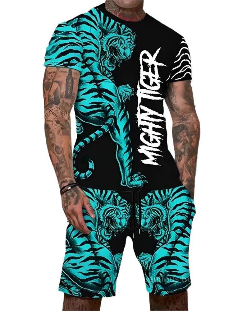 Men’s 2-Piece Lion King 3D Print T-Shirt & Shorts Set – Summer Animal Pattern Casual Outfit