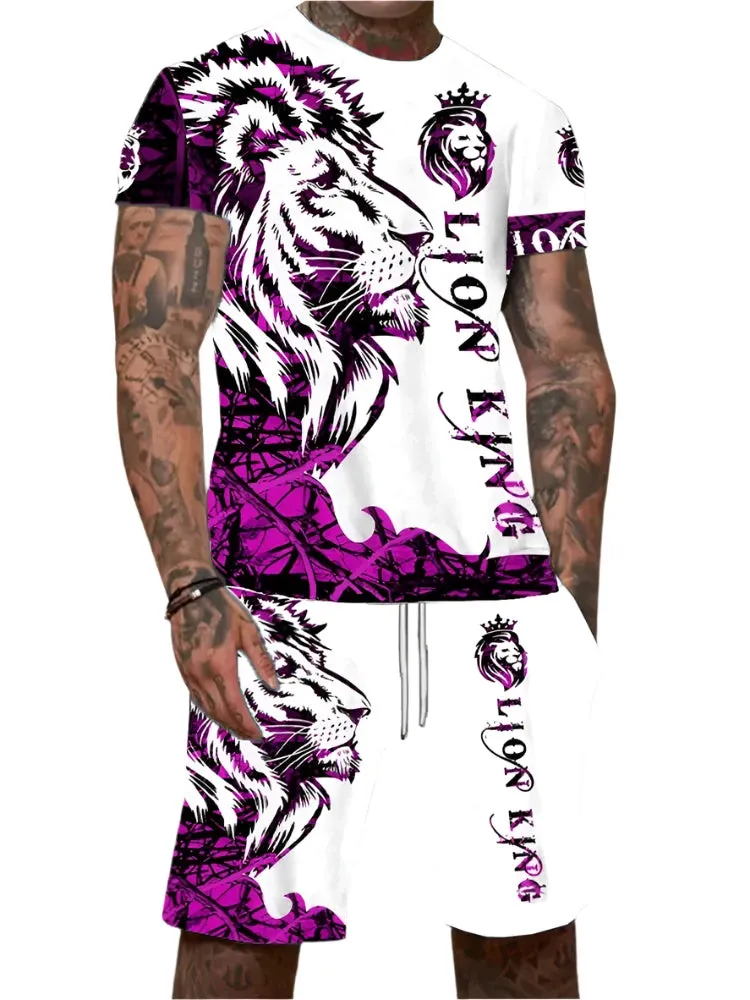 Men’s 2-Piece Lion King 3D Print T-Shirt & Shorts Set – Summer Animal Pattern Casual Outfit