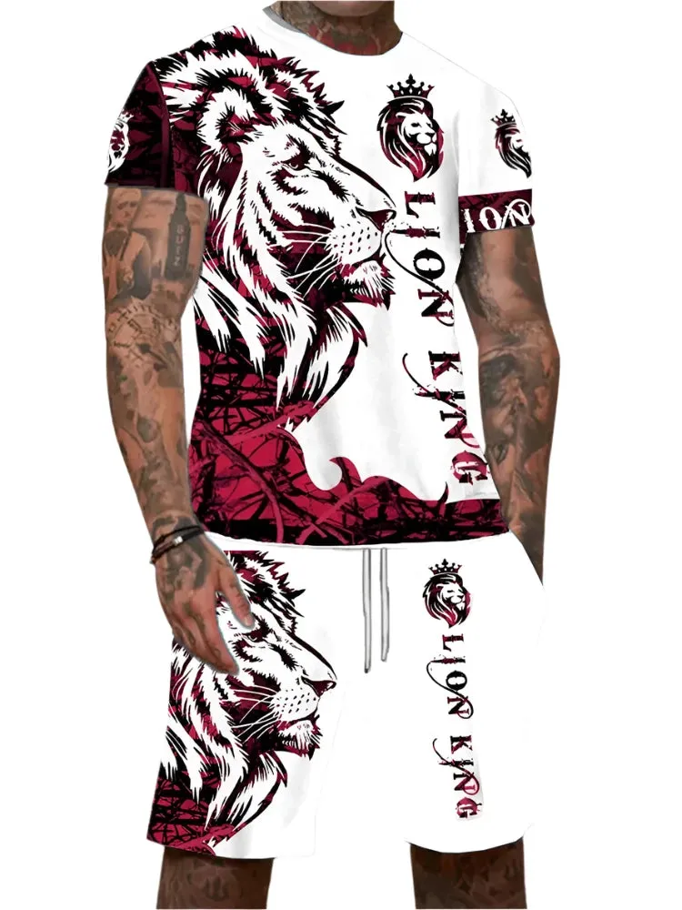 Men’s 2-Piece Lion King 3D Print T-Shirt & Shorts Set – Summer Animal Pattern Casual Outfit
