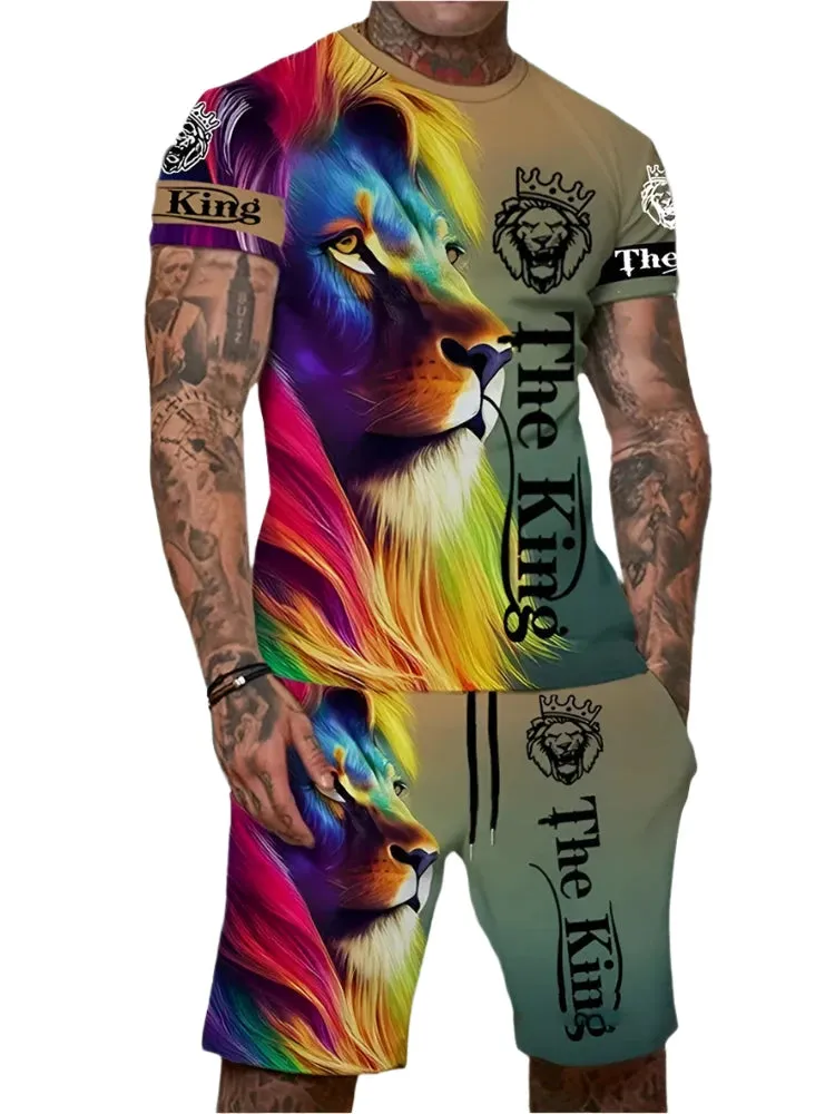Men’s 2-Piece Lion King 3D Print T-Shirt & Shorts Set – Summer Animal Pattern Casual Outfit