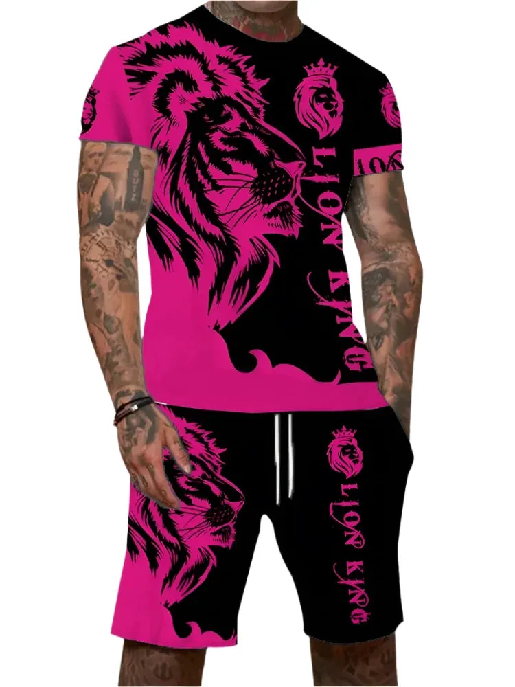 Men’s 2-Piece Lion King 3D Print T-Shirt & Shorts Set – Summer Animal Pattern Casual Outfit