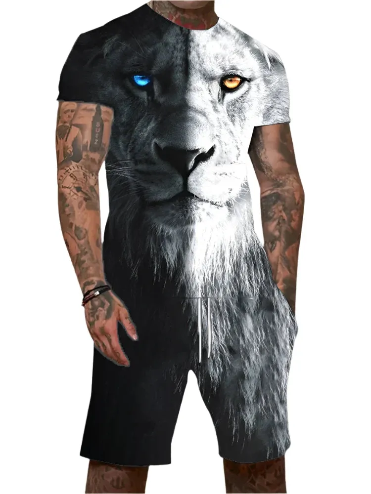 Men’s 2-Piece Lion King 3D Print T-Shirt & Shorts Set – Summer Animal Pattern Casual Outfit