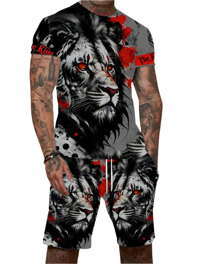 Men’s 2-Piece Lion King 3D Print T-Shirt & Shorts Set – Summer Animal Pattern Casual Outfit