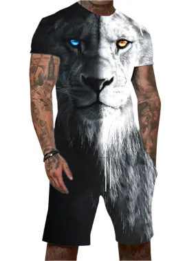 Men’s 2-Piece Lion King 3D Print T-Shirt & Shorts Set – Summer Animal Pattern Casual Outfit