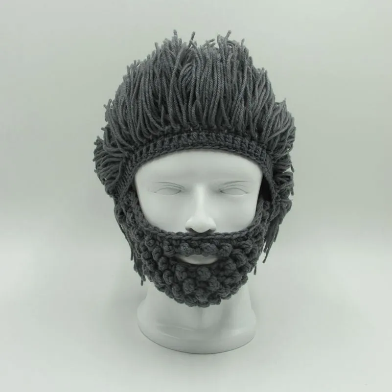 Mens Hand Knitted Beard and Hair Beanie Hat