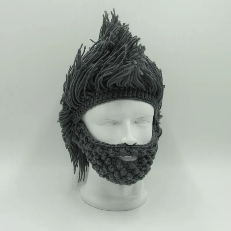 Mens Hand Knitted Beard and Hair Beanie Hat