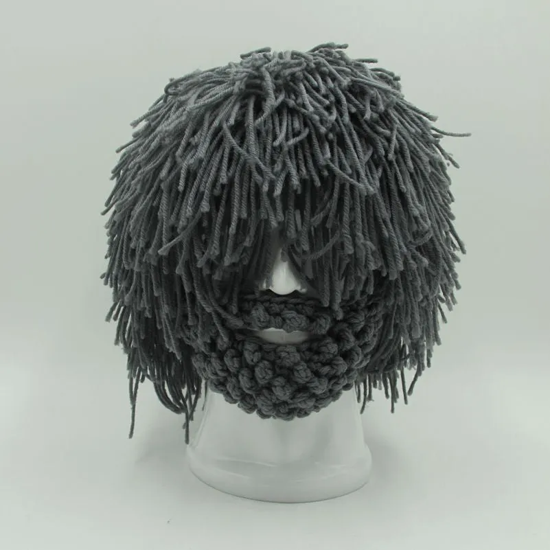 Mens Hand Knitted Beard and Hair Beanie Hat