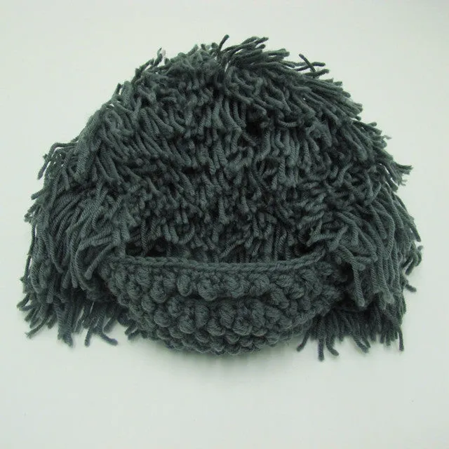 Mens Hand Knitted Beard and Hair Beanie Hat