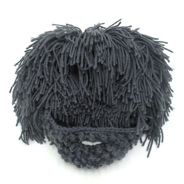 Mens Hand Knitted Beard and Hair Beanie Hat
