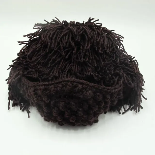 Mens Hand Knitted Beard and Hair Beanie Hat