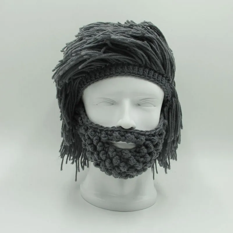 Mens Hand Knitted Beard and Hair Beanie Hat