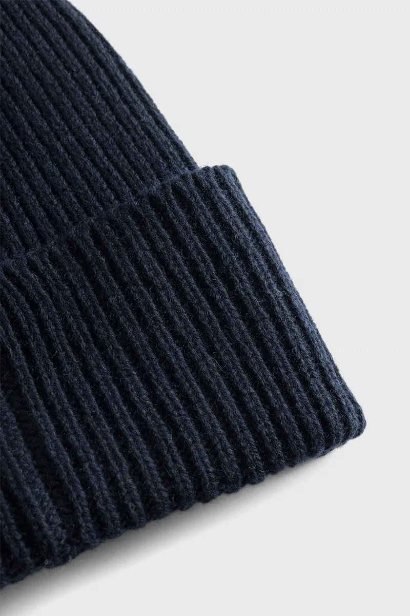 Merino Lambswool Rib N Logo Beanie - Dark Navy