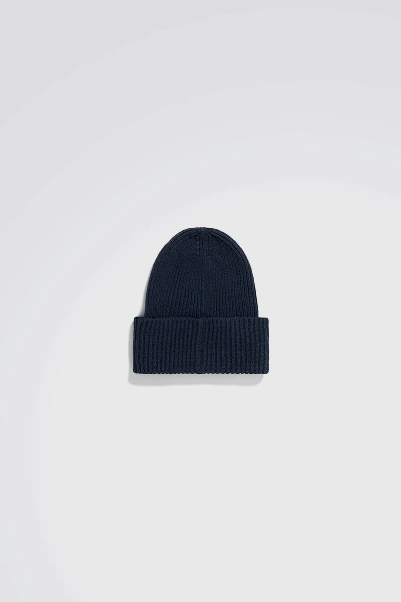 Merino Lambswool Rib N Logo Beanie - Dark Navy