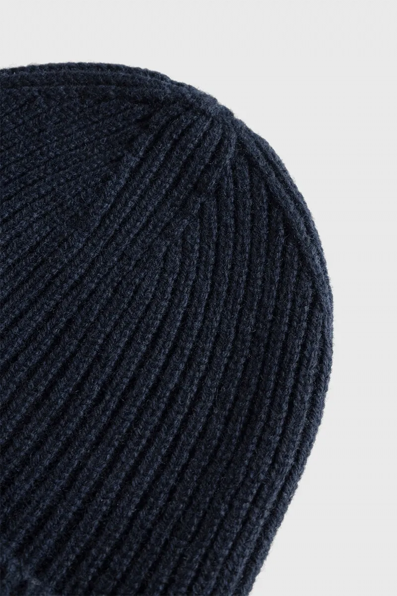 Merino Lambswool Rib N Logo Beanie - Dark Navy